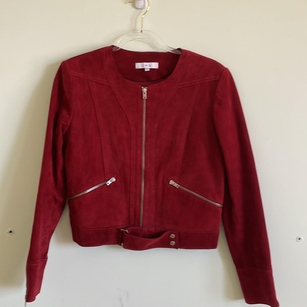 IRO Tatiana Red Suede Leather Jacket Silver Zippers Buckle Belt Fall Size 8 (40) - Picture 7 of 13